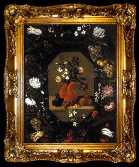 framed  Juan de  Espinosa Still-Life with Flowers with a Garland of Fruit, ta009-2